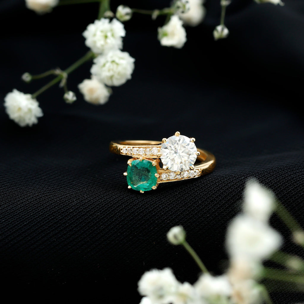 Emerald Moissanite Engagement Ring – Two Stone Cushion Cut Emerald | Bypass Shank Band