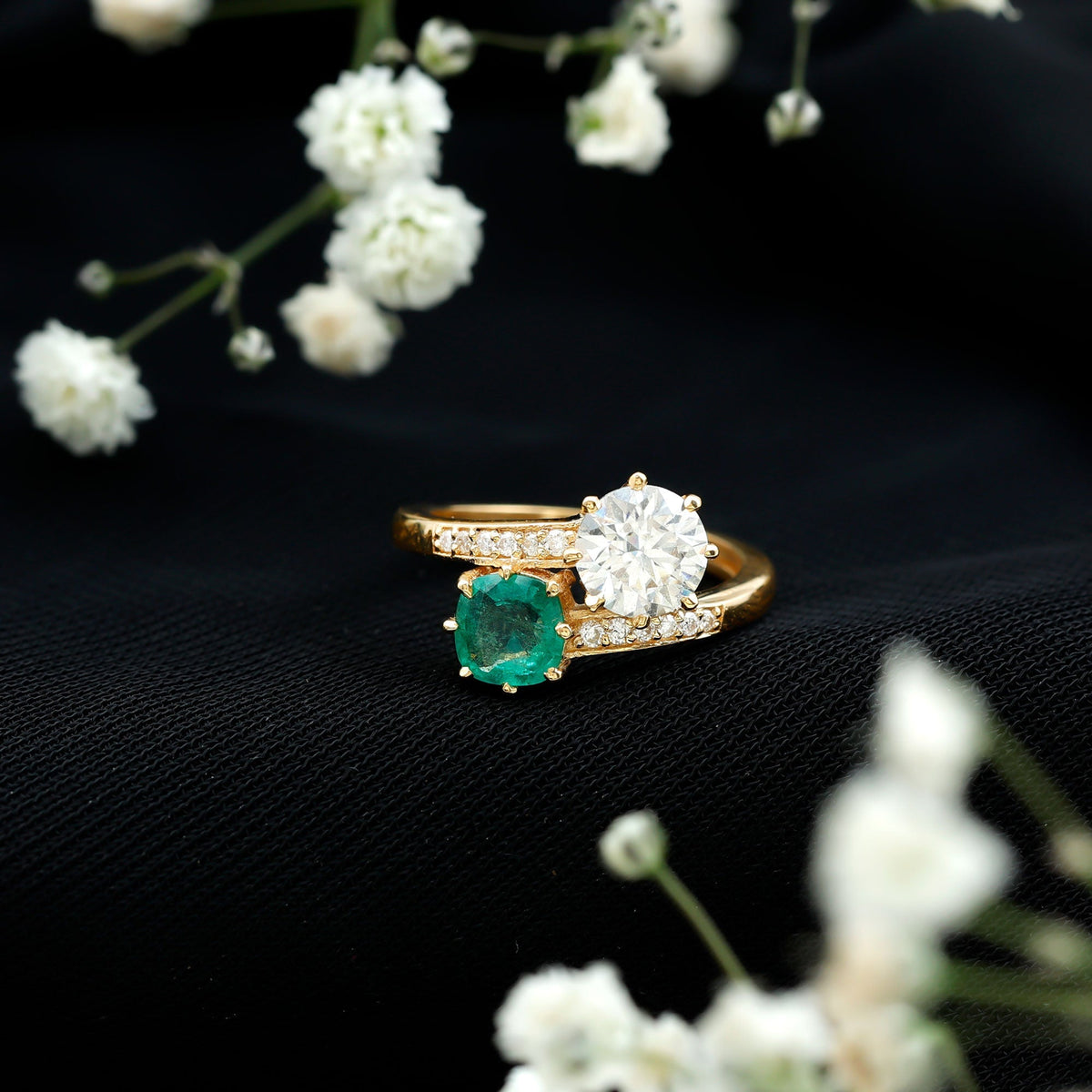 Emerald Moissanite Engagement Ring – Two Stone Cushion Cut Emerald | Bypass Shank Band