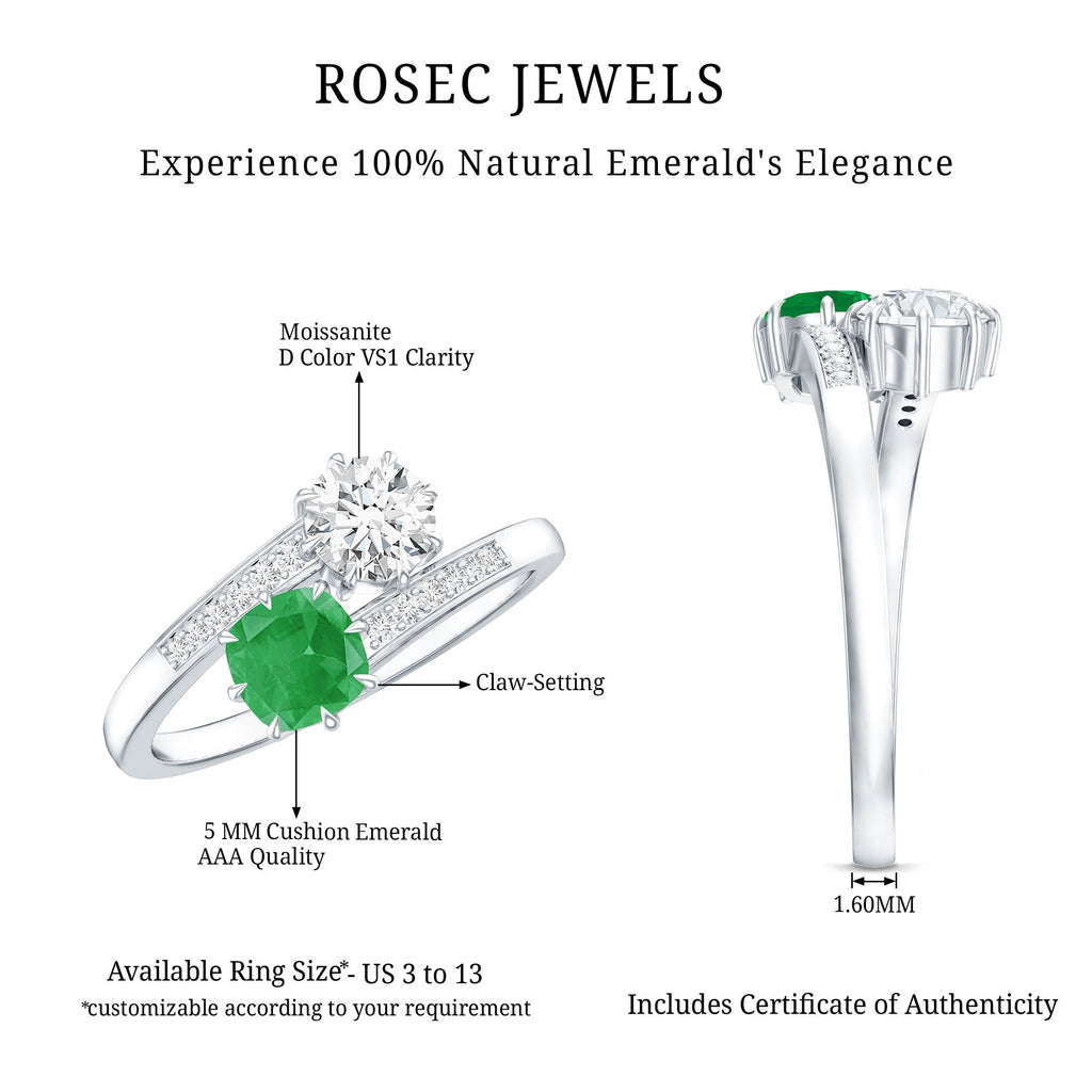 Emerald Moissanite Engagement Ring – Two Stone Cushion Cut Emerald | Bypass Shank Band