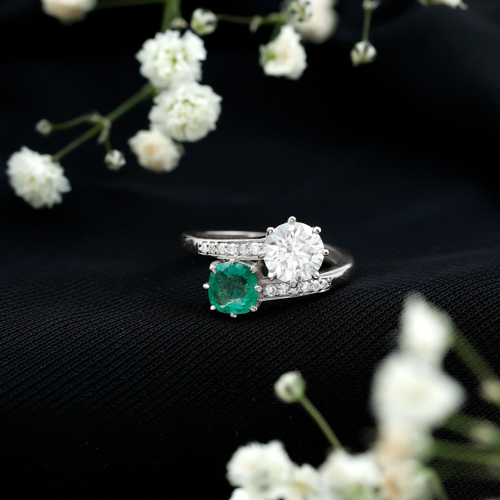 Emerald Moissanite Engagement Ring – Two Stone Cushion Cut Emerald | Bypass Shank Band