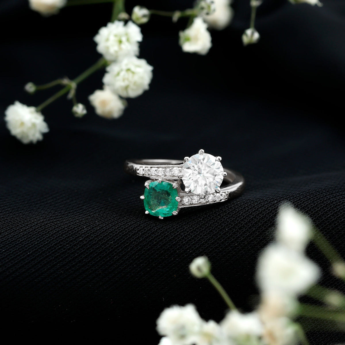 Emerald Moissanite Engagement Ring – Two Stone Cushion Cut Emerald | Bypass Shank Band