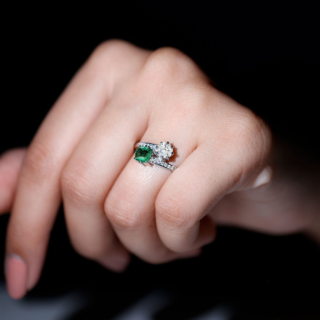Emerald Moissanite Engagement Ring – Two Stone Cushion Cut Emerald | Bypass Shank Band