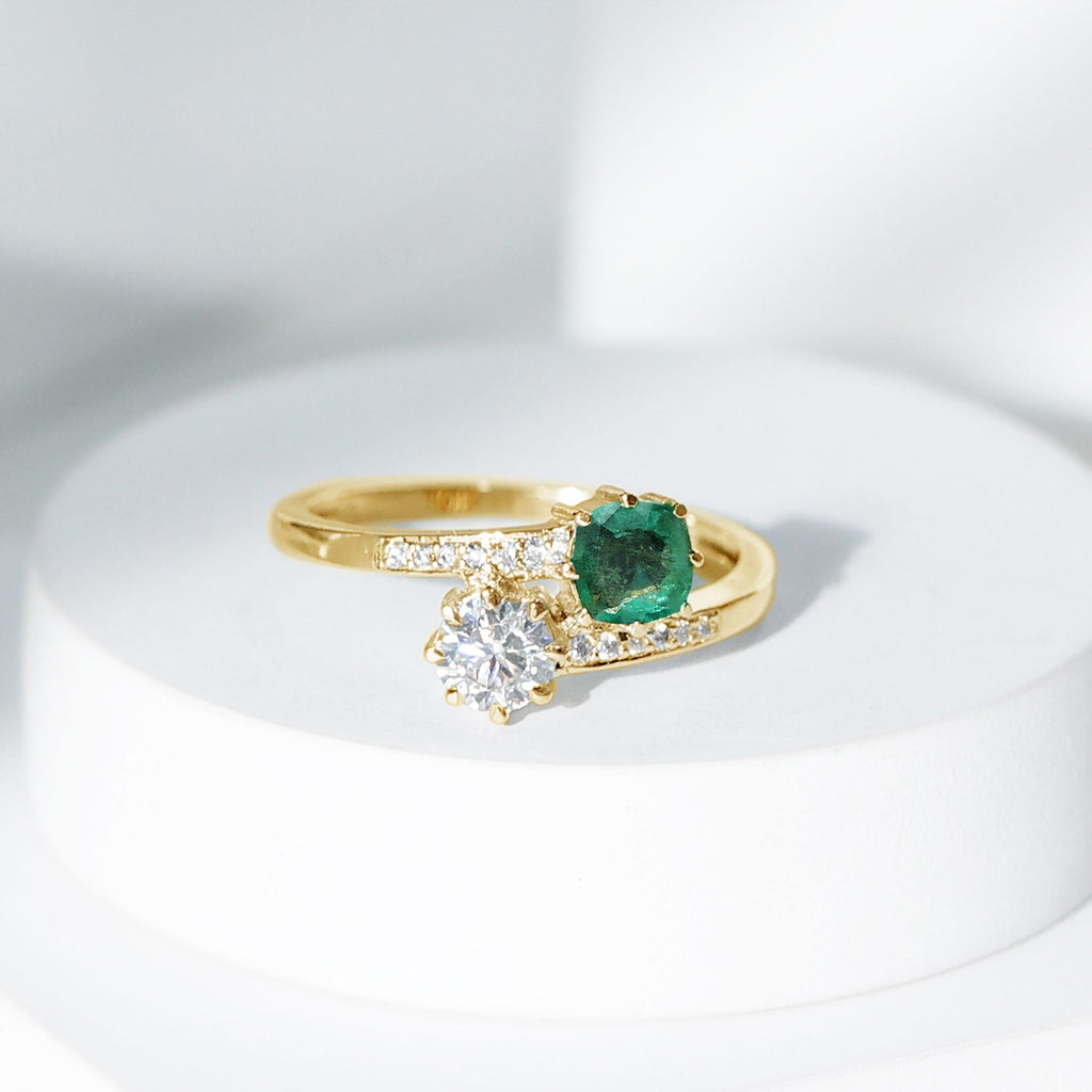 Emerald Moissanite Engagement Ring – Two Stone Cushion Cut Emerald | Bypass Shank Band