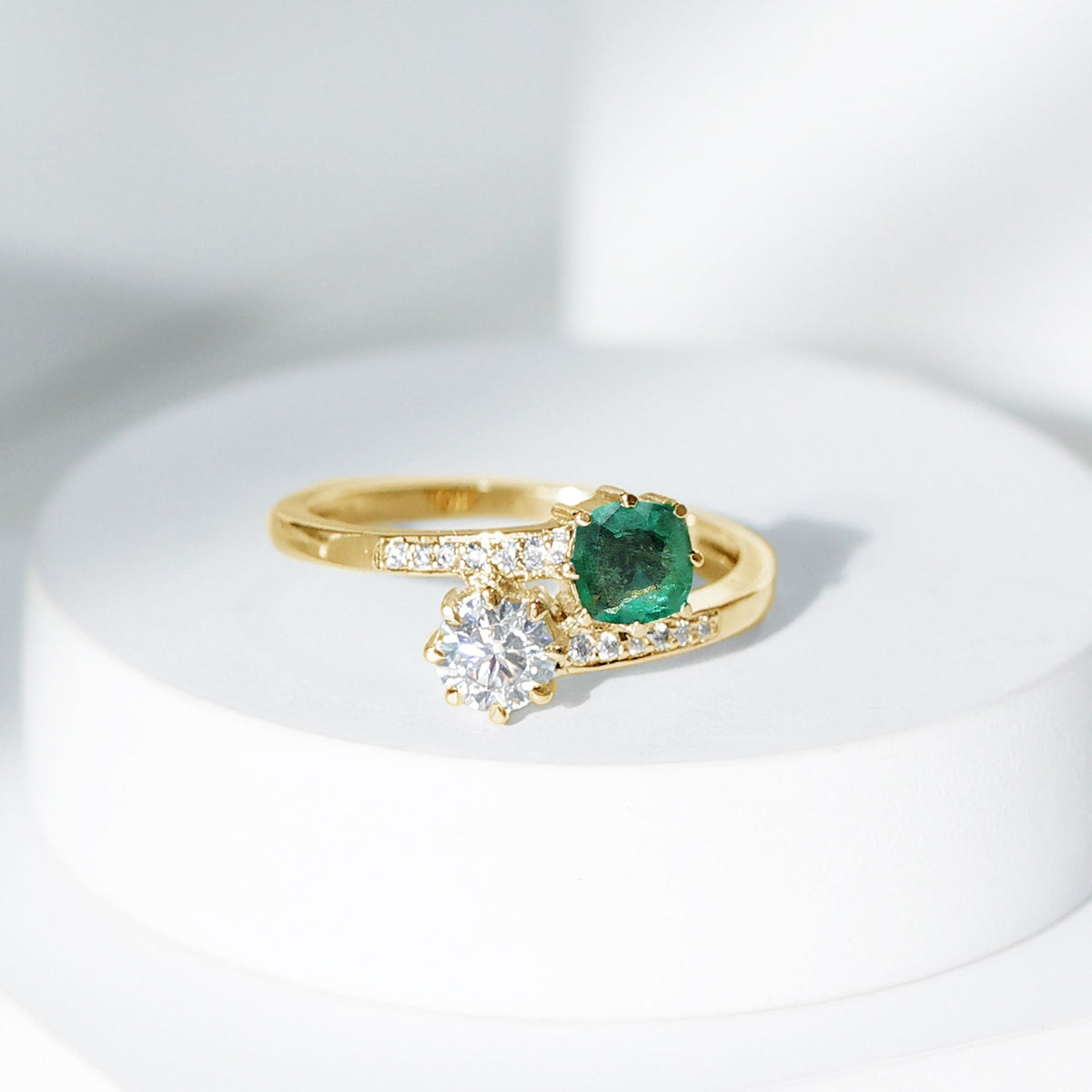 Emerald Moissanite Engagement Ring – Two Stone Cushion Cut Emerald | Bypass Shank Band