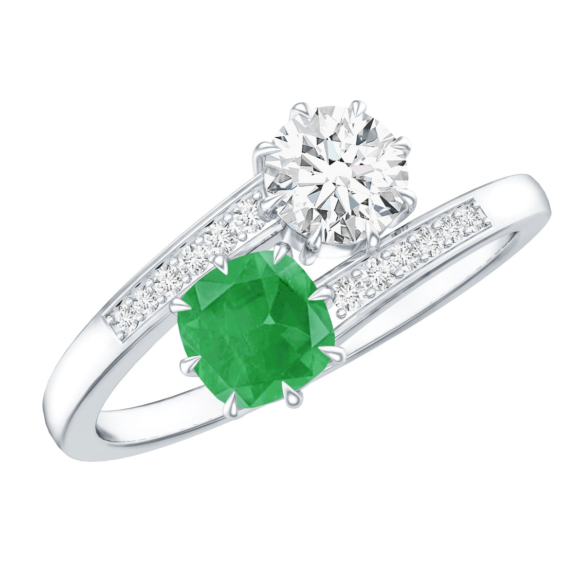 Emerald Moissanite Engagement Ring – Two Stone Cushion Cut Emerald | Bypass Shank Band