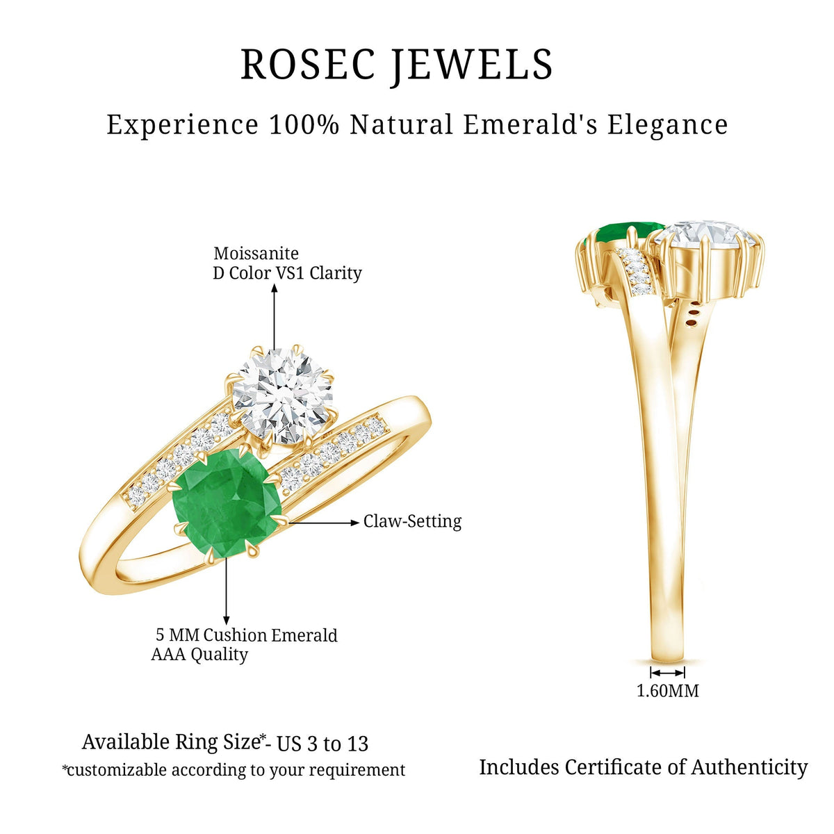 Emerald Moissanite Engagement Ring – Two Stone Cushion Cut Emerald | Bypass Shank Band