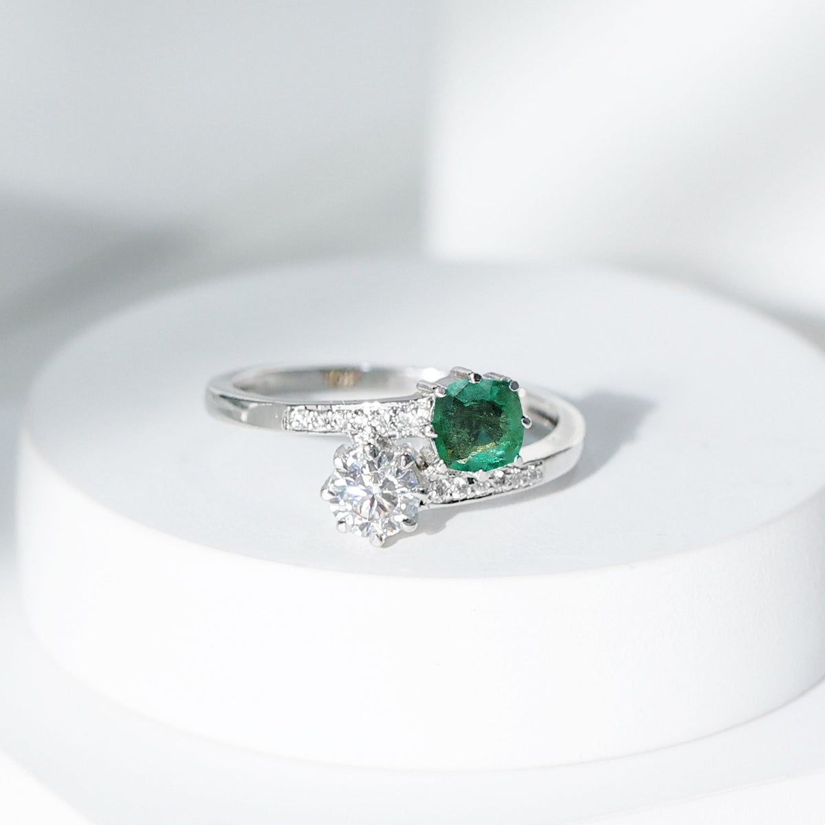 Emerald Moissanite Engagement Ring – Two Stone Cushion Cut Emerald | Bypass Shank Band