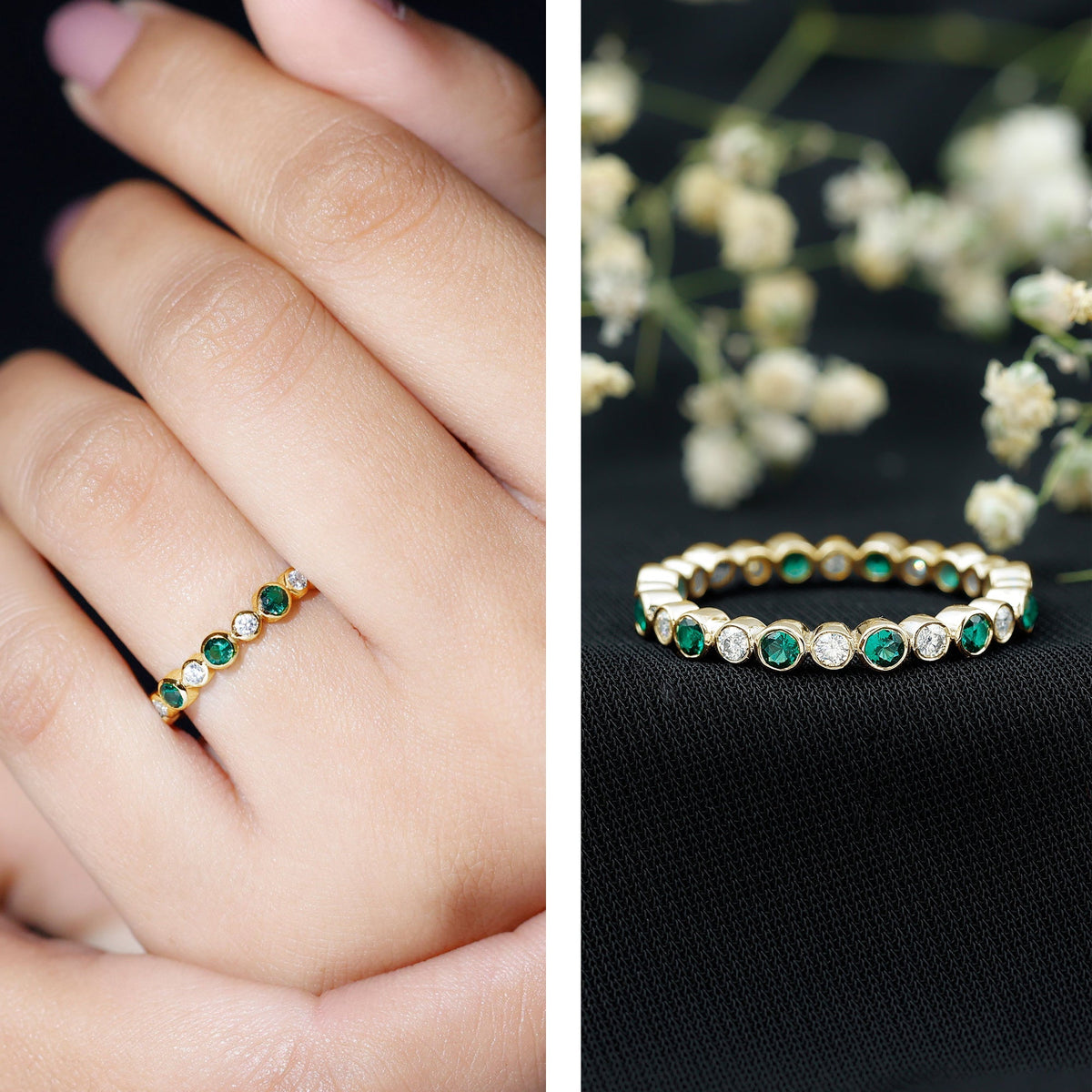 Emerald Moissanite Eternity Ring – Full Bezel Setting Continuous Gemstone Band