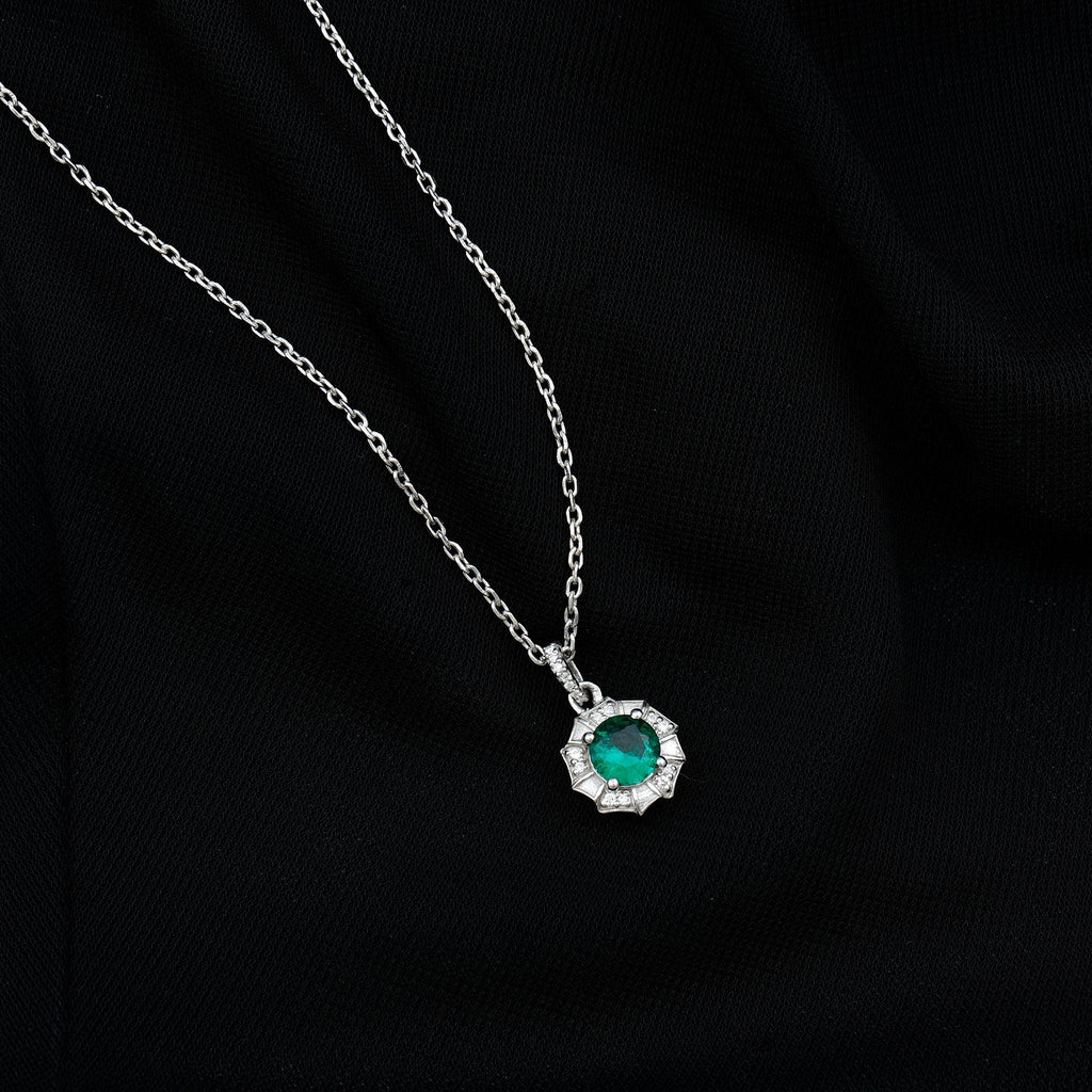 Emerald Moissanite Necklace – Vintage Inspired Flower Pendant With Lab Created Emerald & Sterling Silver Chain