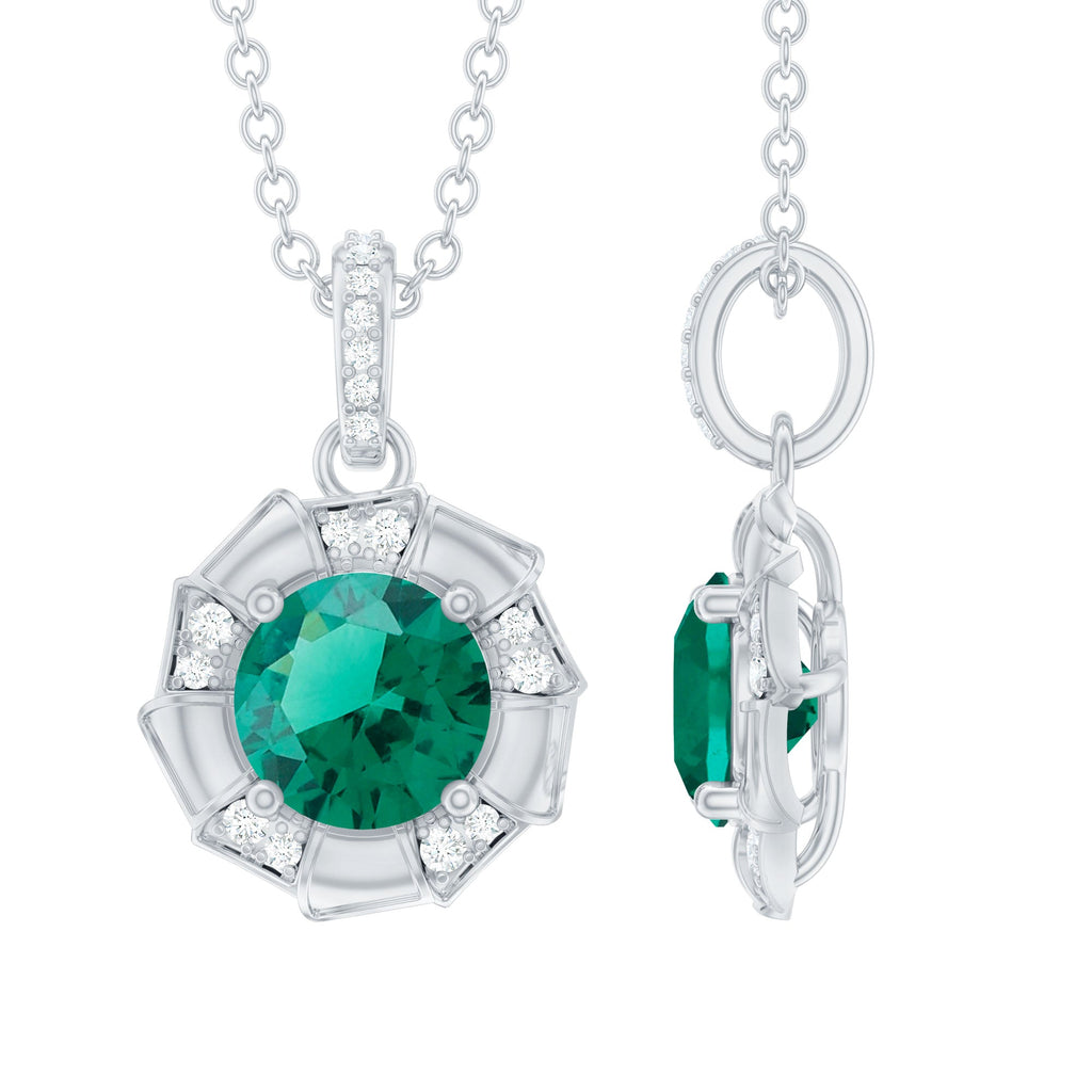 Emerald Moissanite Necklace – Vintage Inspired Flower Pendant With Lab Created Emerald & Sterling Silver Chain