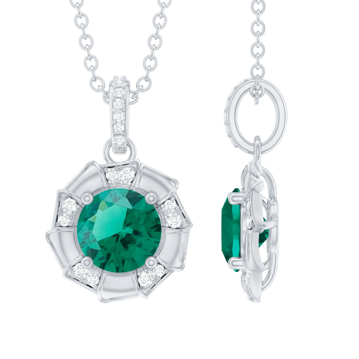 Emerald Moissanite Necklace – Vintage Inspired Flower Pendant With Lab Created Emerald & Sterling Silver Chain