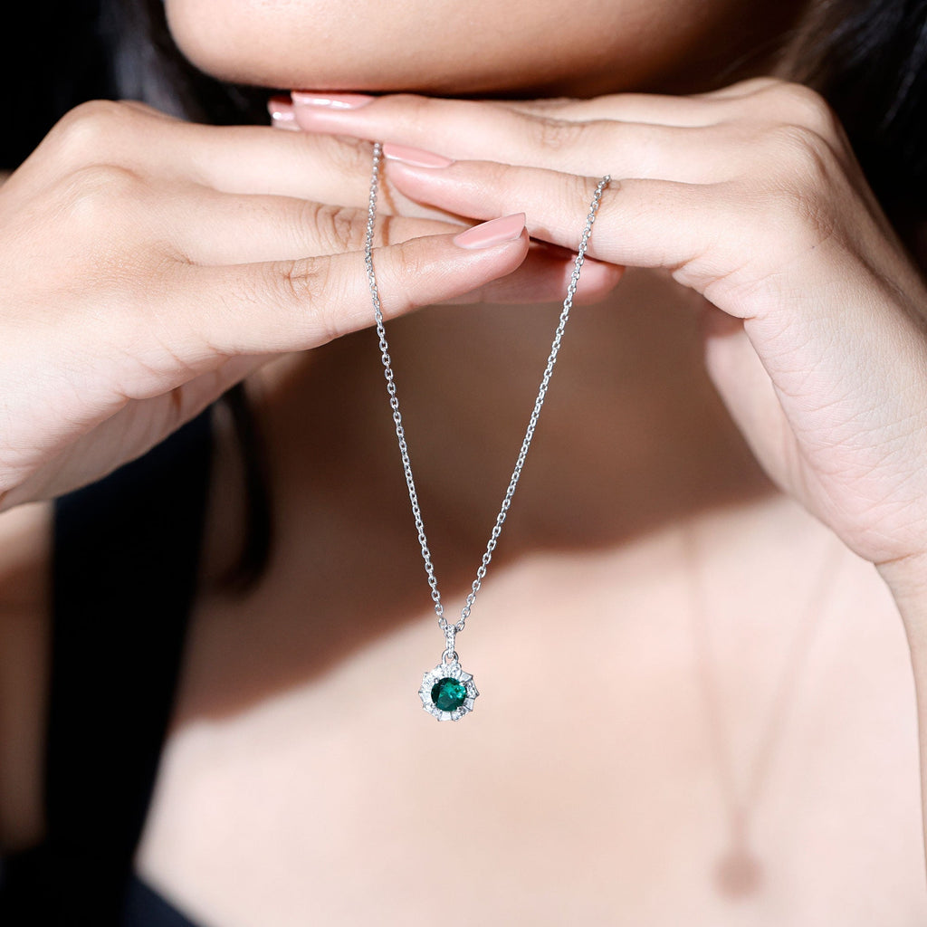 Emerald Moissanite Necklace – Vintage Inspired Flower Pendant With Lab Created Emerald & Sterling Silver Chain