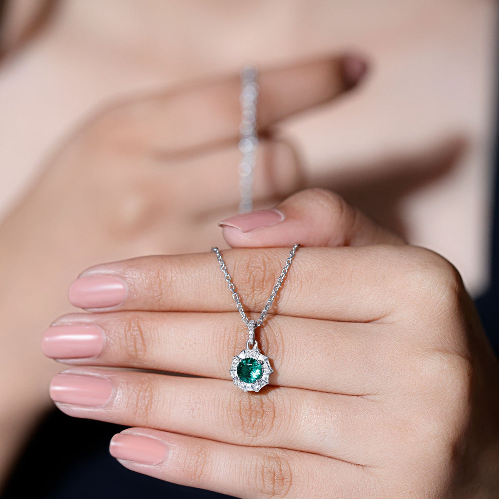 Emerald Moissanite Necklace – Vintage Inspired Flower Pendant With Lab Created Emerald & Sterling Silver Chain