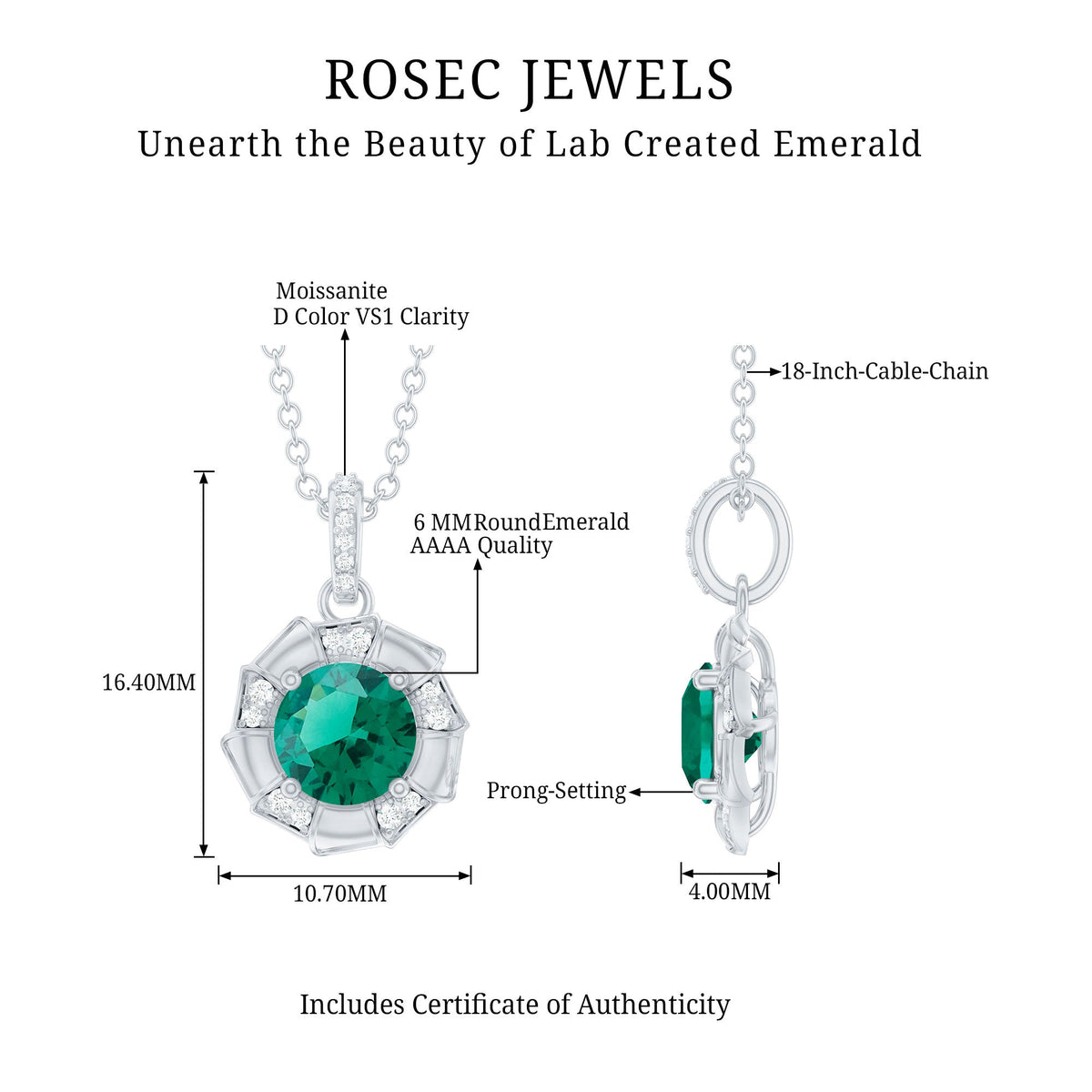 Emerald Moissanite Necklace – Vintage Inspired Flower Pendant With Lab Created Emerald & Sterling Silver Chain