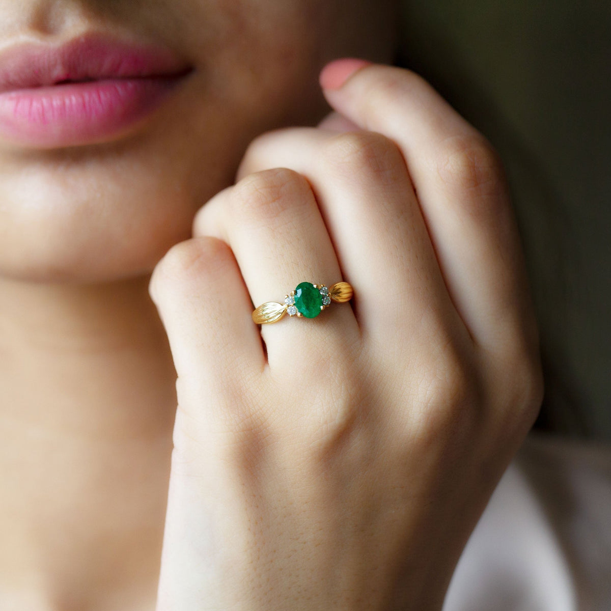 Emerald Oval Engagement Ring - Natural AAA Quality Green Gemstone with Diamond Accents