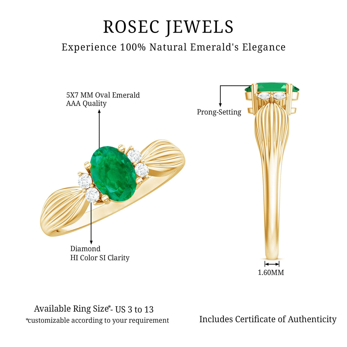 Emerald Oval Engagement Ring - Natural AAA Quality Green Gemstone with Diamond Accents