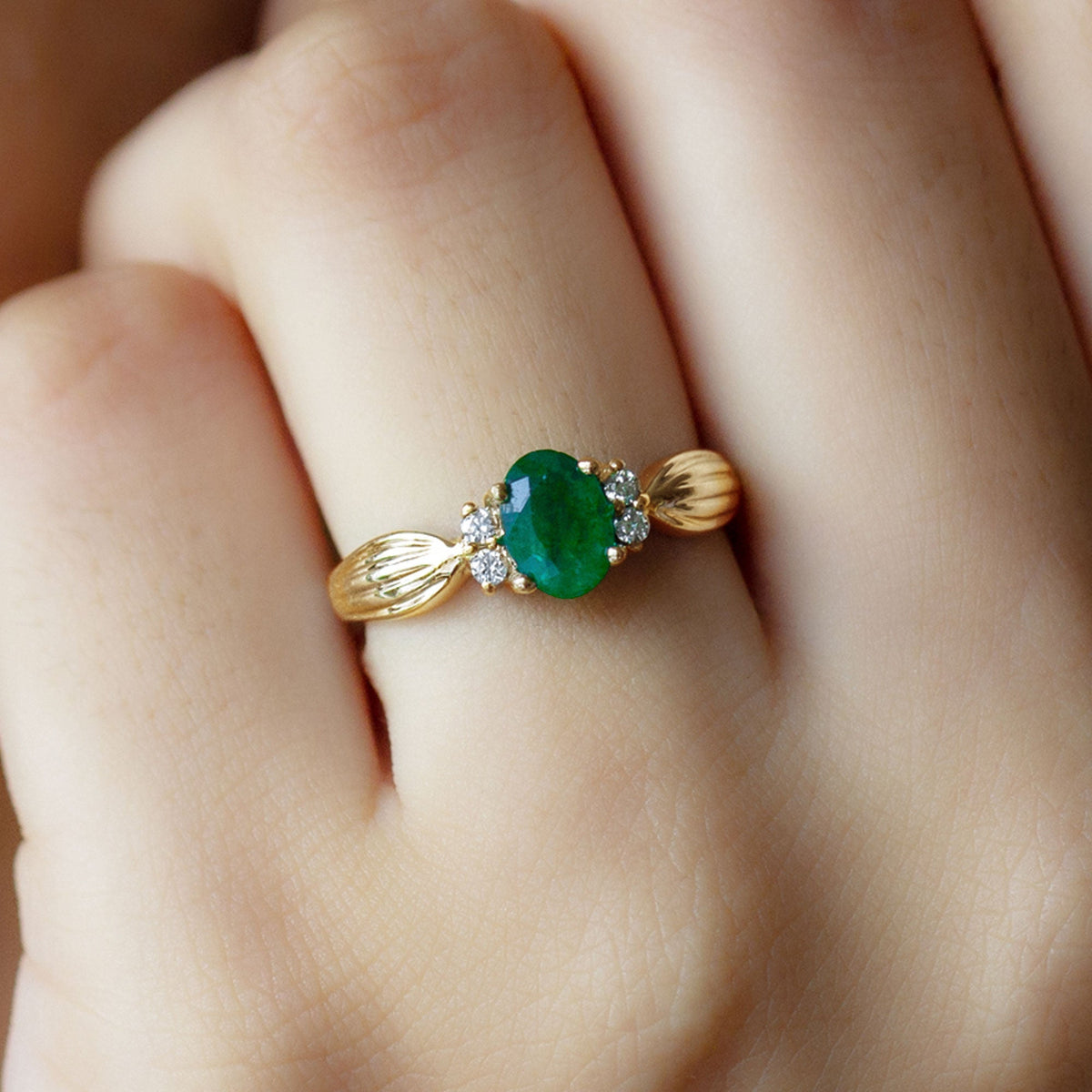 Emerald Oval Engagement Ring - Natural AAA Quality Green Gemstone with Diamond Accents
