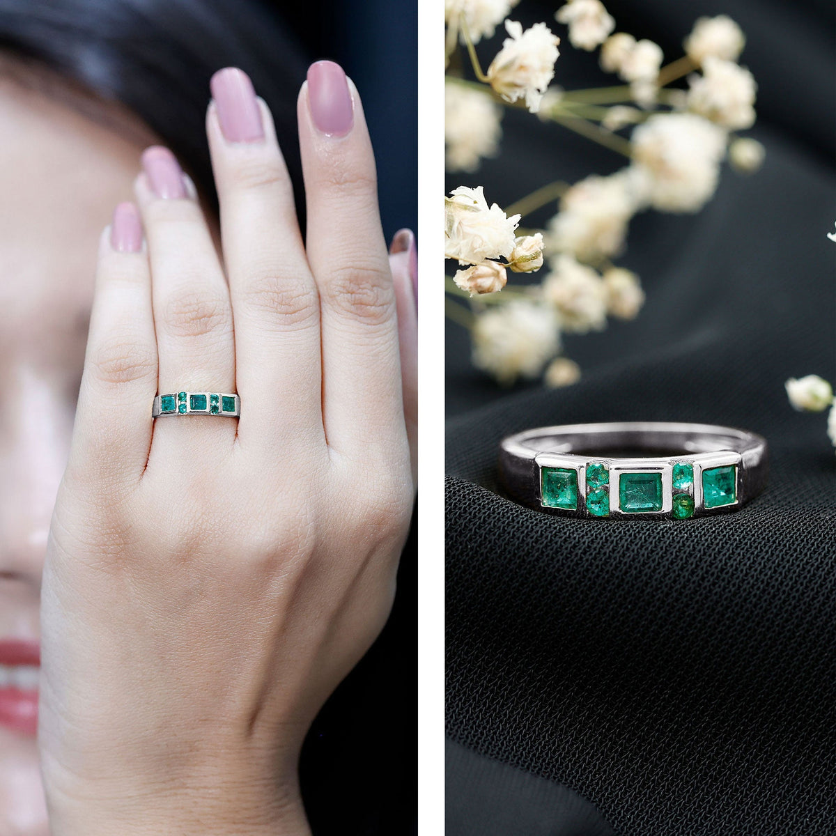 Emerald Princess Cut Ring - Natural Emerald Band With Bezel & Tension Setting
