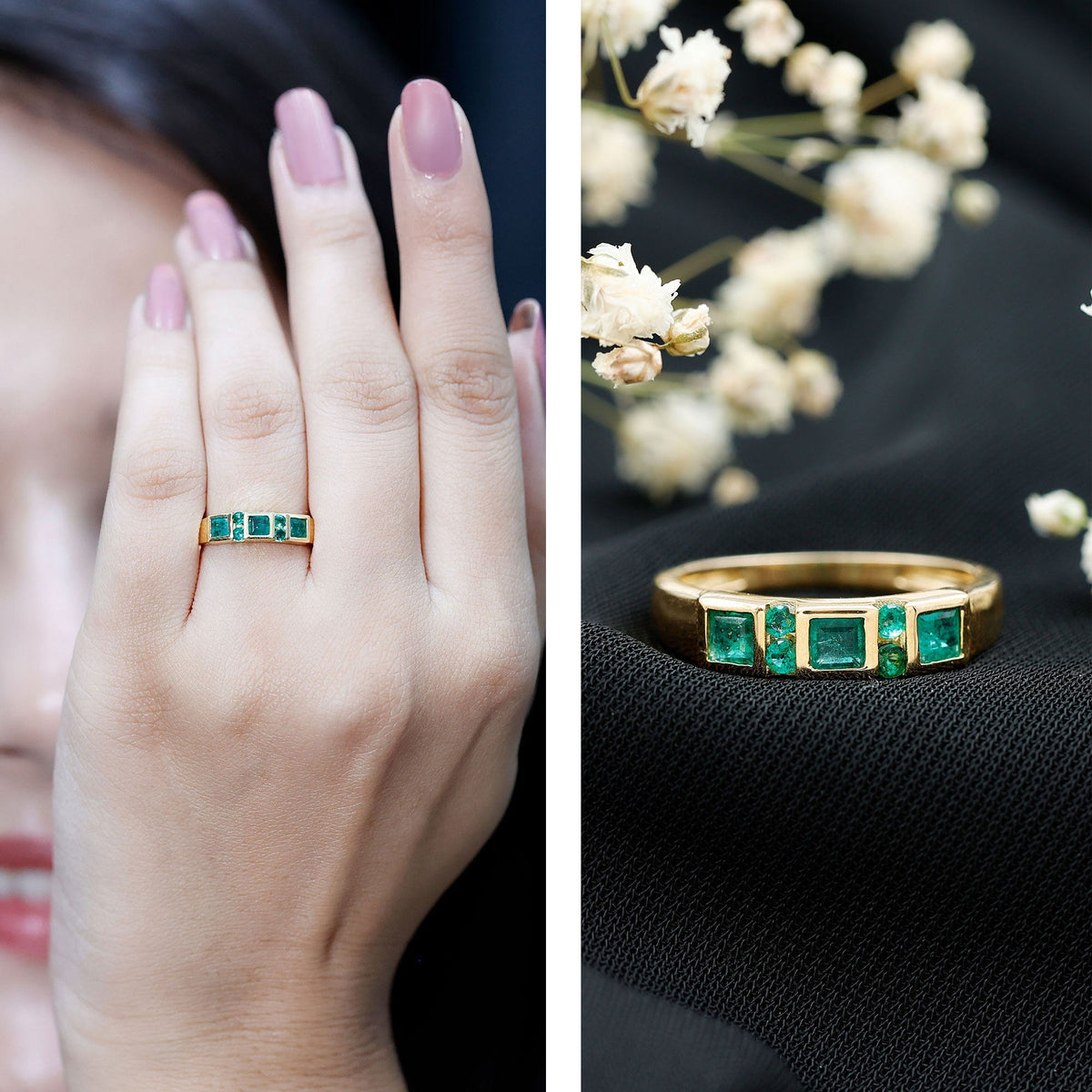 Emerald Princess Cut Ring - Natural Emerald Band With Bezel & Tension Setting