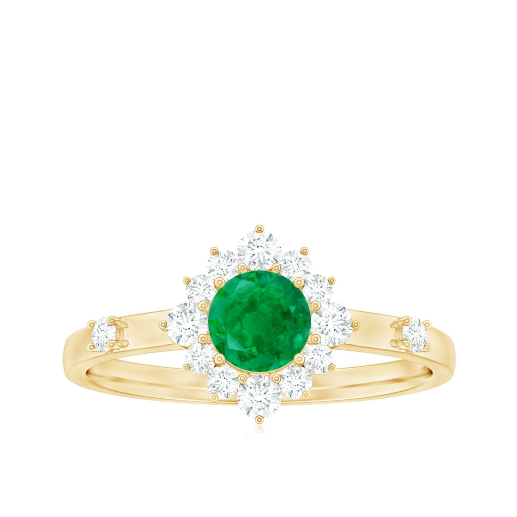 Emerald Promise Ring - 0.4 Carat Round Emerald Diamond Halo in Prong Setting