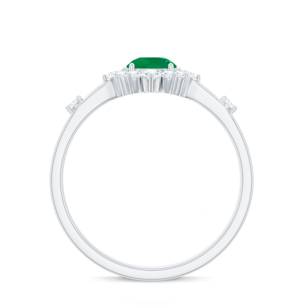 Emerald Promise Ring - 0.4 Carat Round Emerald Diamond Halo in Prong Setting