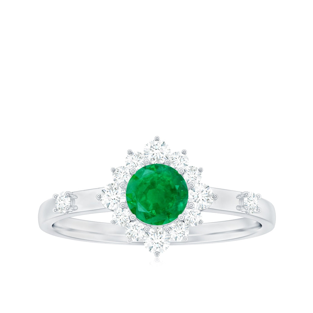 Emerald Promise Ring - 0.4 Carat Round Emerald Diamond Halo in Prong Setting
