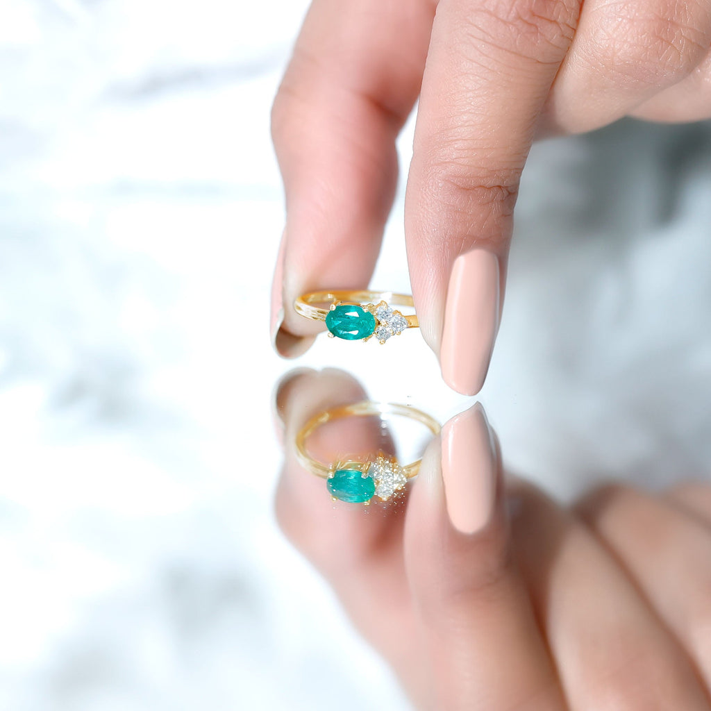 Emerald Promise Ring - AAA Quality Oval Cut Emerald with Diamond Trio | Rosec Jewels
