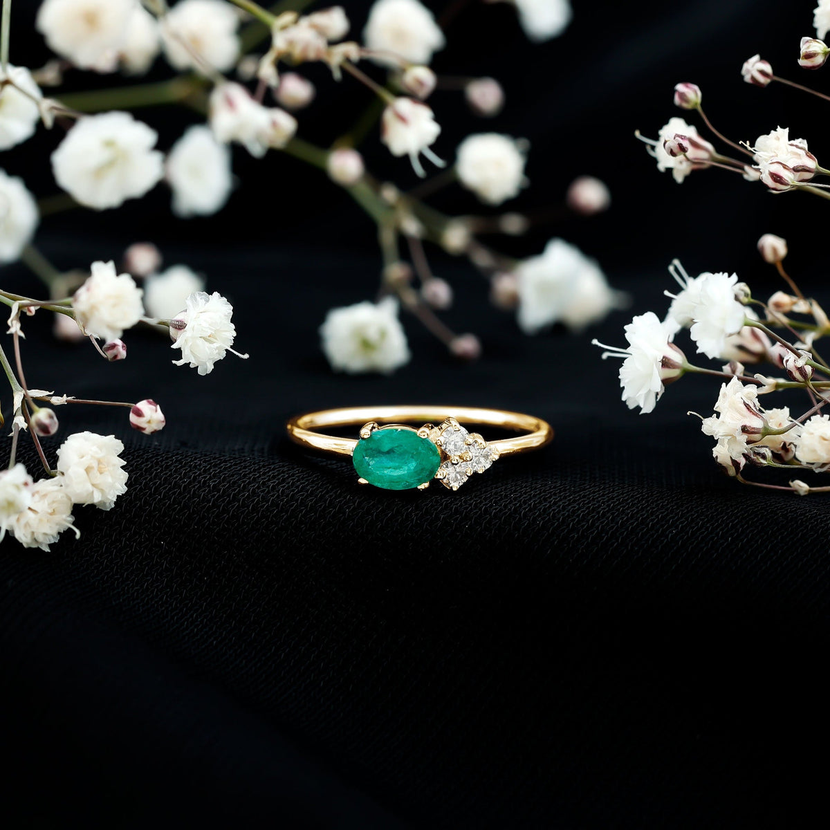 Emerald Promise Ring - AAA Quality Oval Cut Emerald with Diamond Trio | Rosec Jewels
