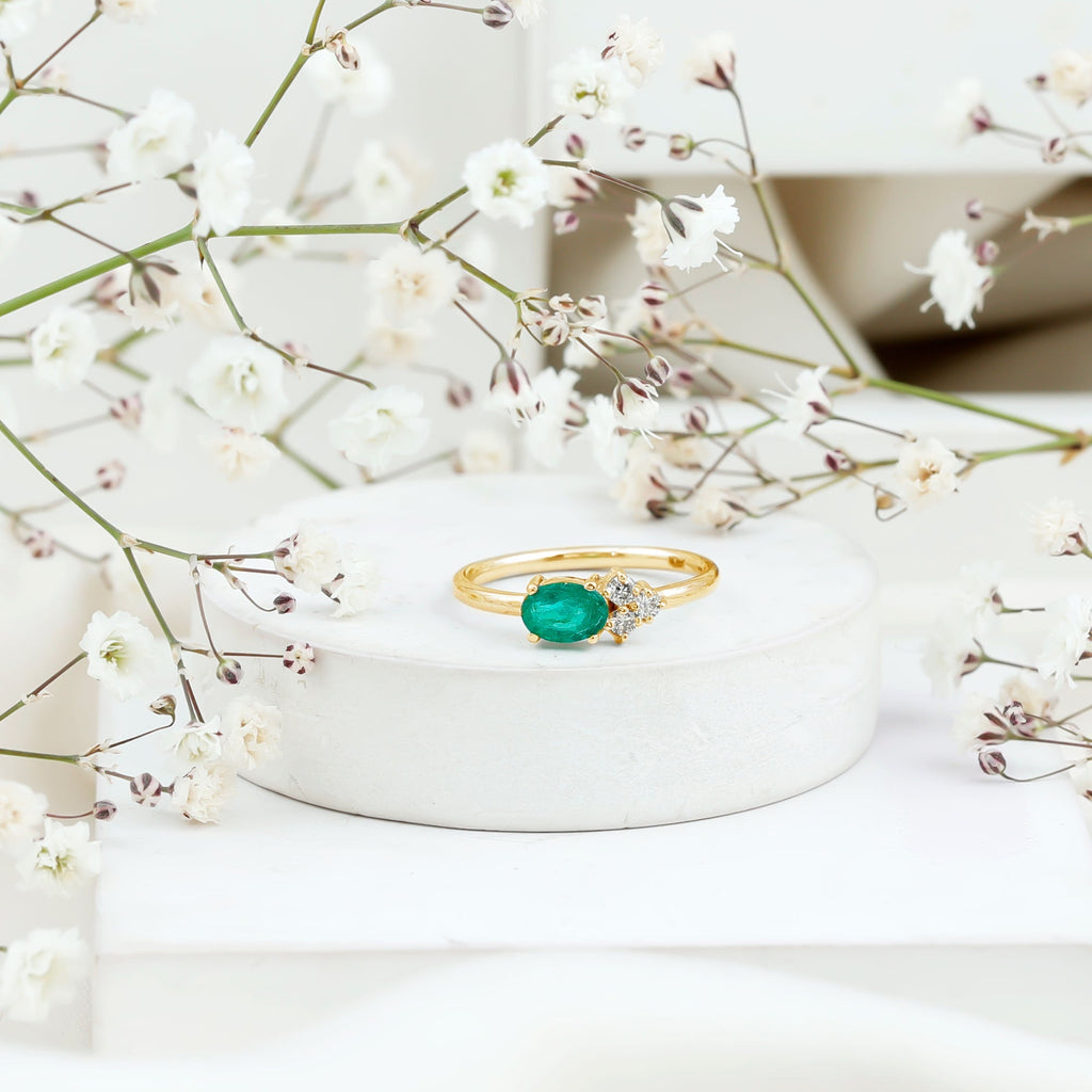 Emerald Promise Ring - AAA Quality Oval Cut Emerald with Diamond Trio | Rosec Jewels