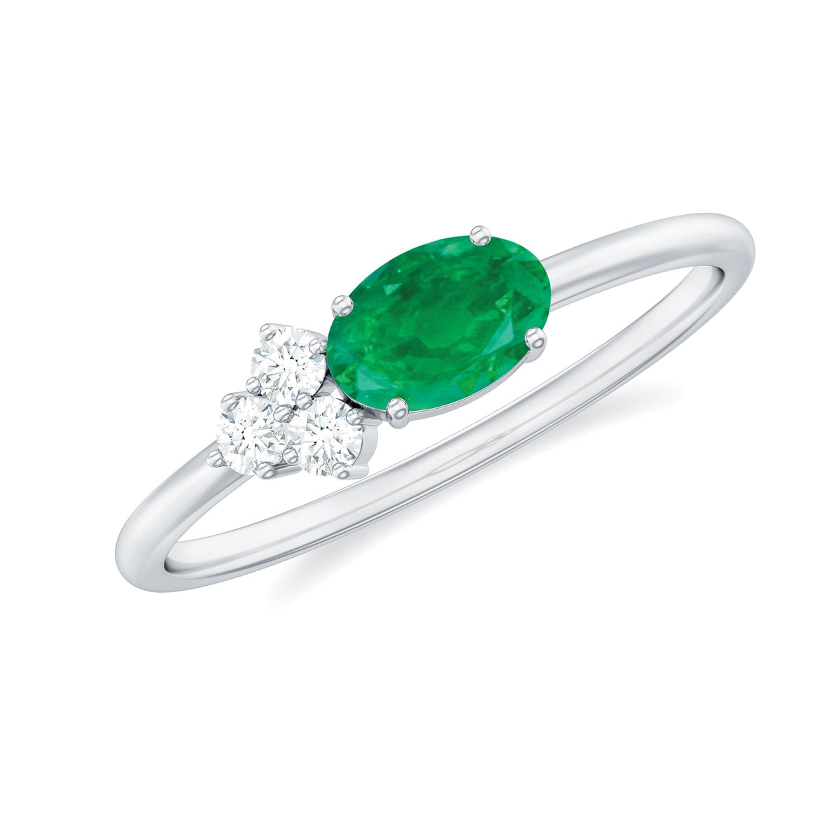 Emerald Promise Ring - AAA Quality Oval Cut Emerald with Diamond Trio | Rosec Jewels