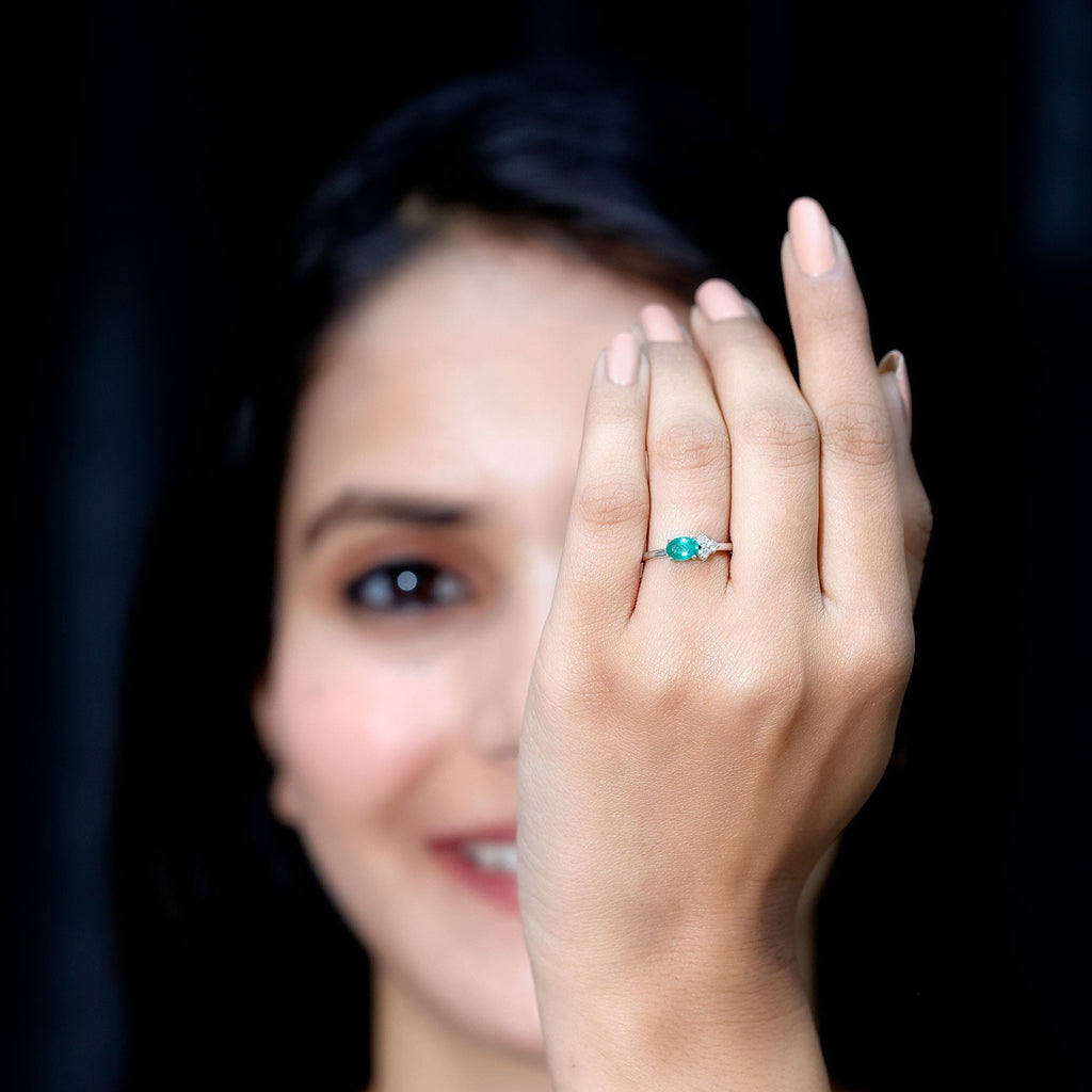 Emerald Promise Ring - AAA Quality Oval Cut Emerald with Diamond Trio | Rosec Jewels
