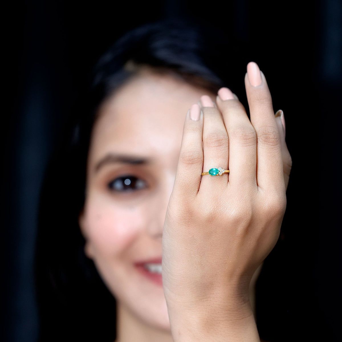 Emerald Promise Ring - AAA Quality Oval Cut Emerald with Diamond Trio | Rosec Jewels