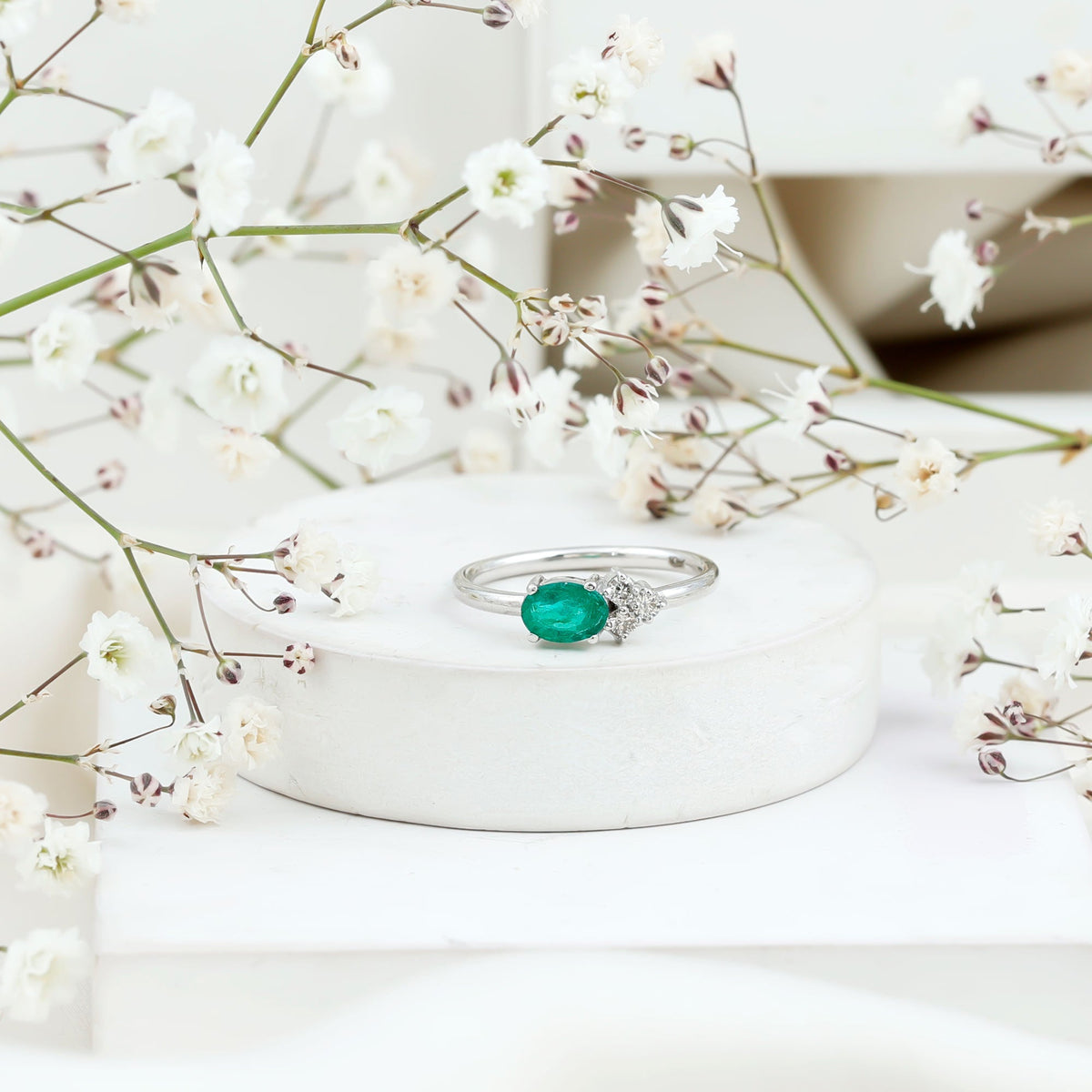 Emerald Promise Ring - AAA Quality Oval Cut Emerald with Diamond Trio | Rosec Jewels