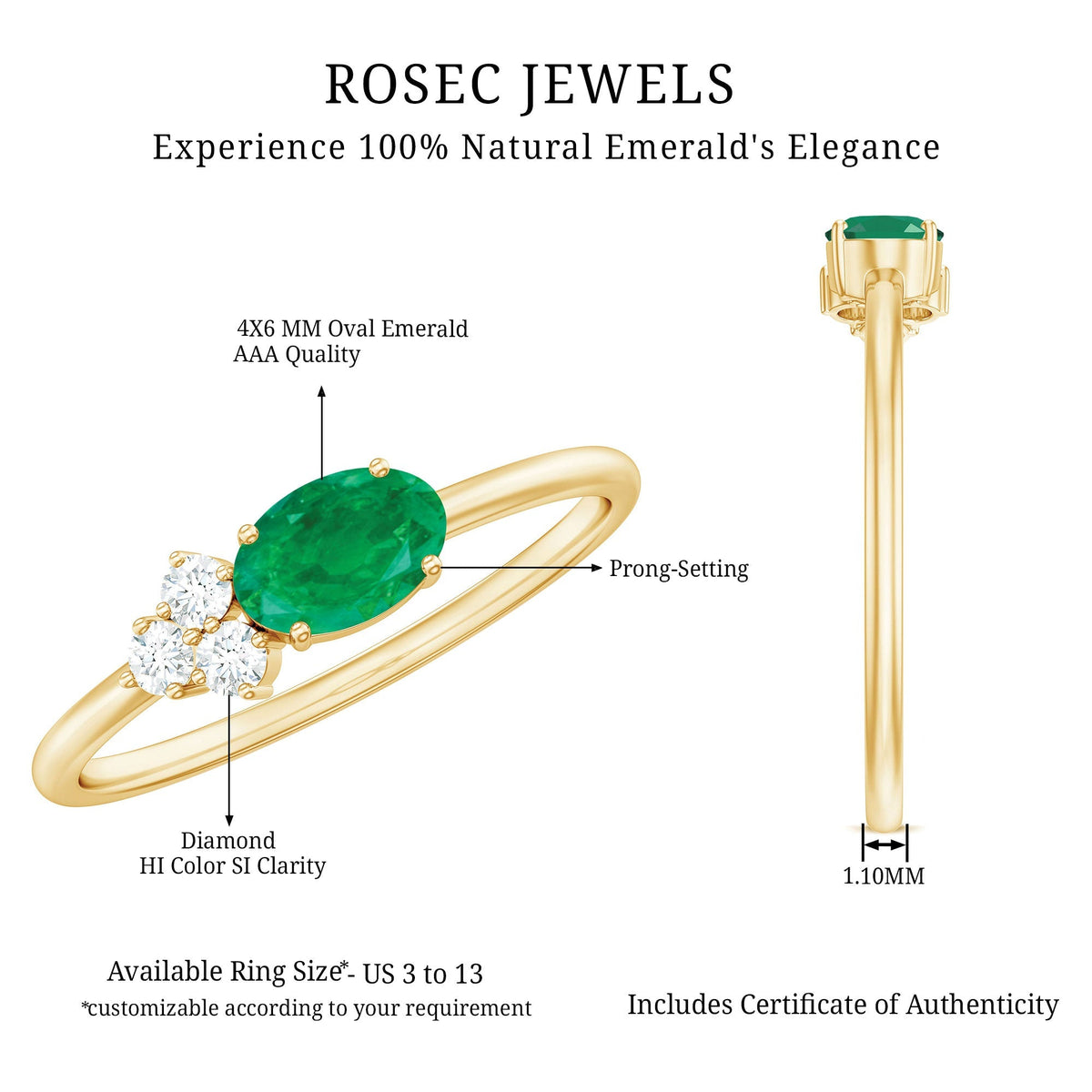 Emerald Promise Ring - AAA Quality Oval Cut Emerald with Diamond Trio | Rosec Jewels