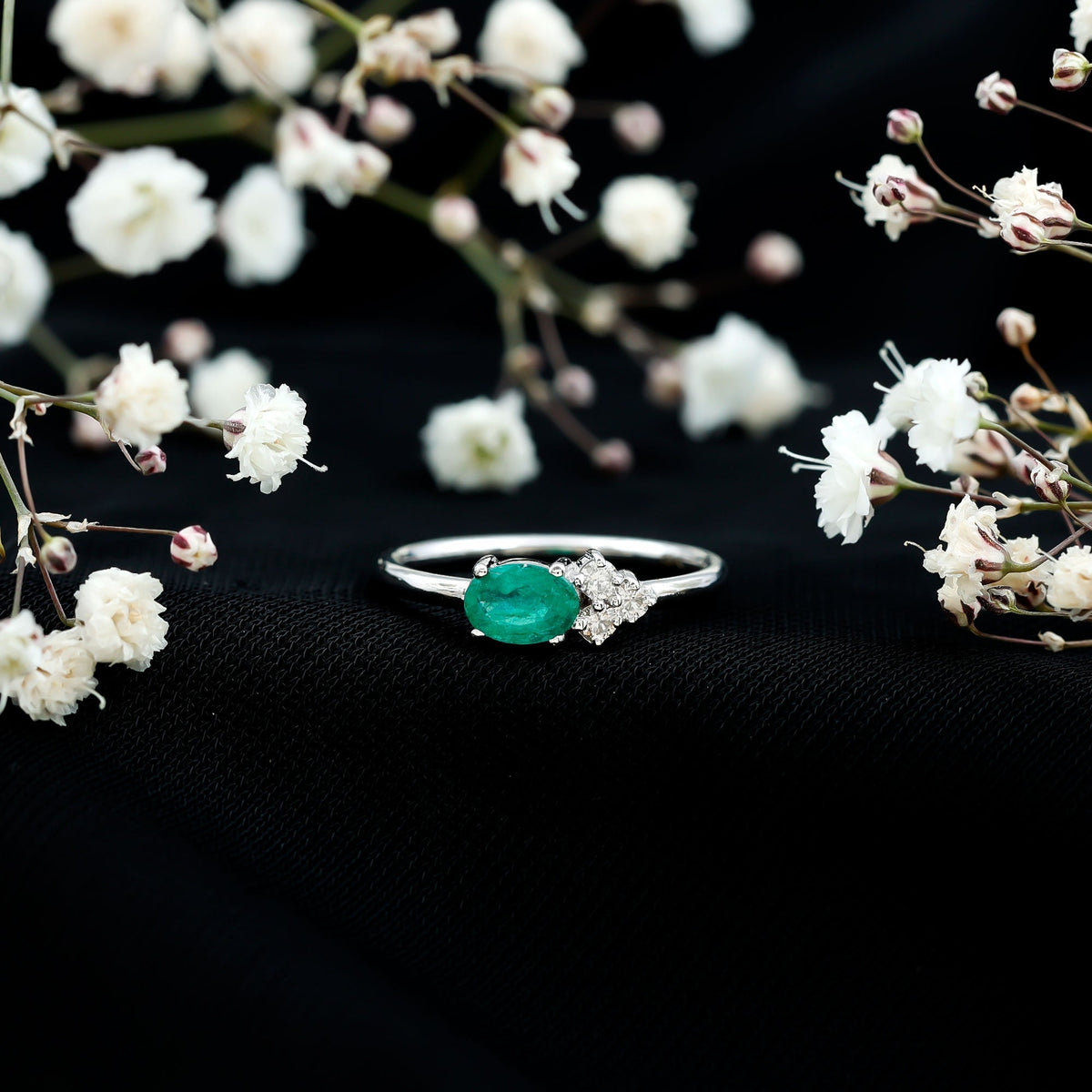 Emerald Promise Ring - AAA Quality Oval Cut Emerald with Diamond Trio | Rosec Jewels