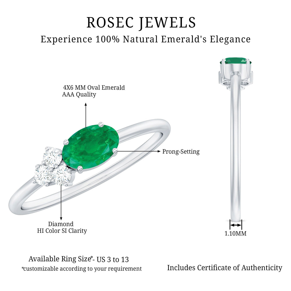 Emerald Promise Ring - AAA Quality Oval Cut Emerald with Diamond Trio | Rosec Jewels