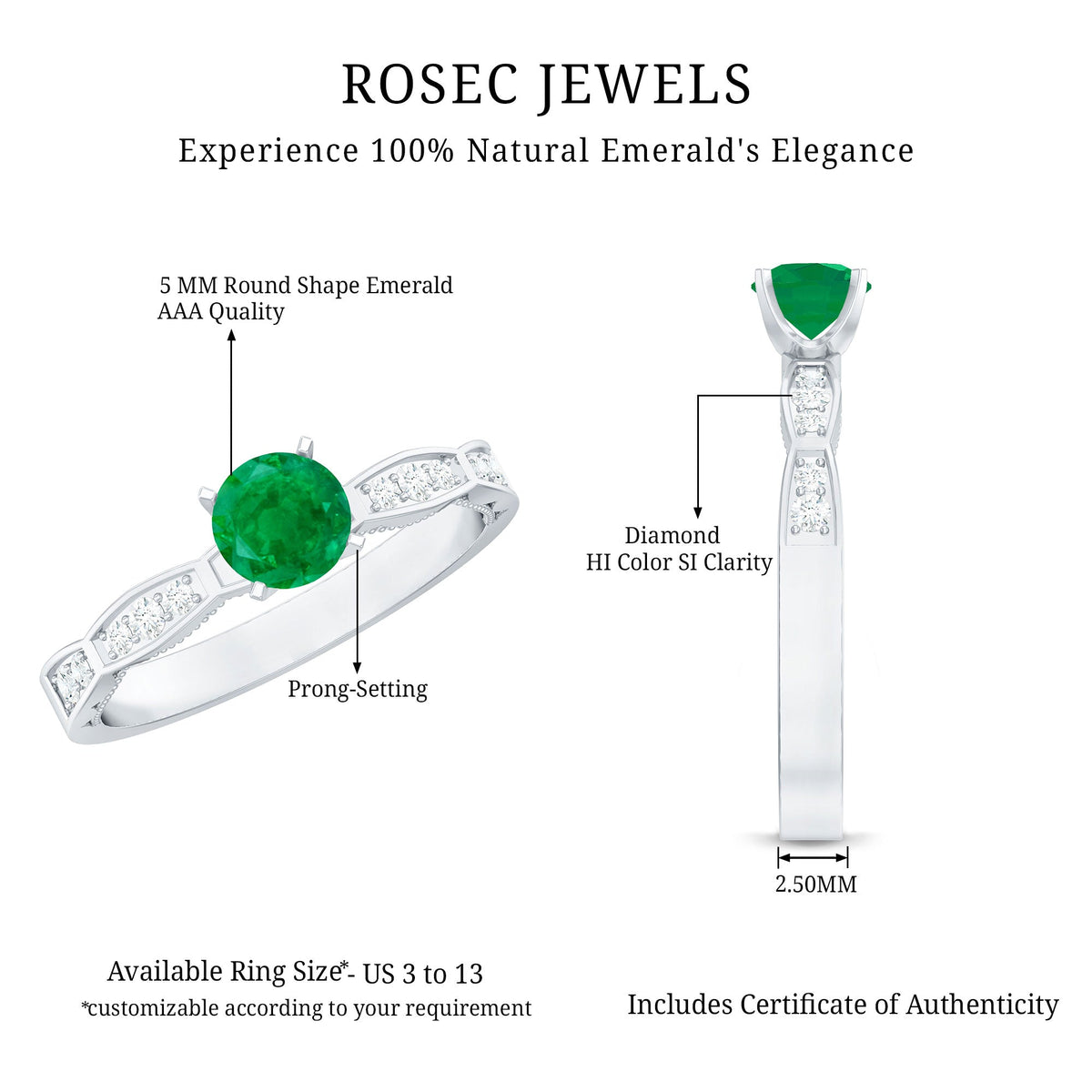 Emerald Promise Ring – AAA Quality Solitaire Emerald Ring with Diamond Accents
