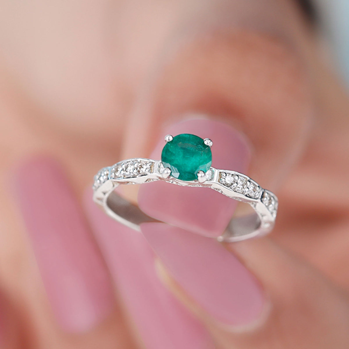 Emerald Promise Ring – AAA Quality Solitaire Emerald Ring with Diamond Accents