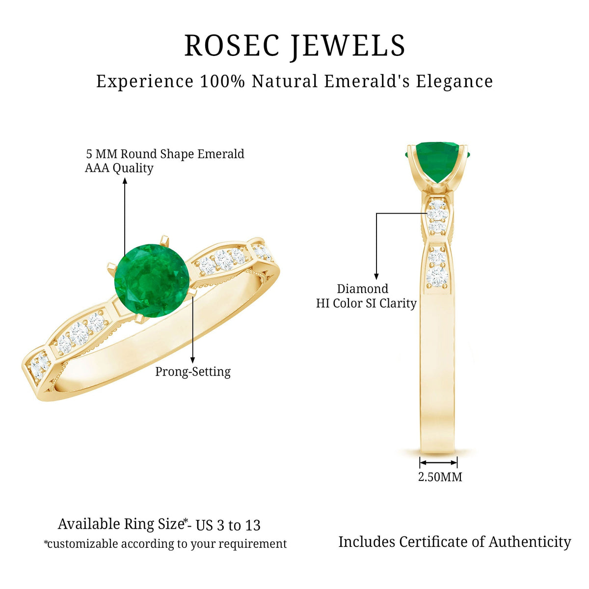 Emerald Promise Ring – AAA Quality Solitaire Emerald Ring with Diamond Accents