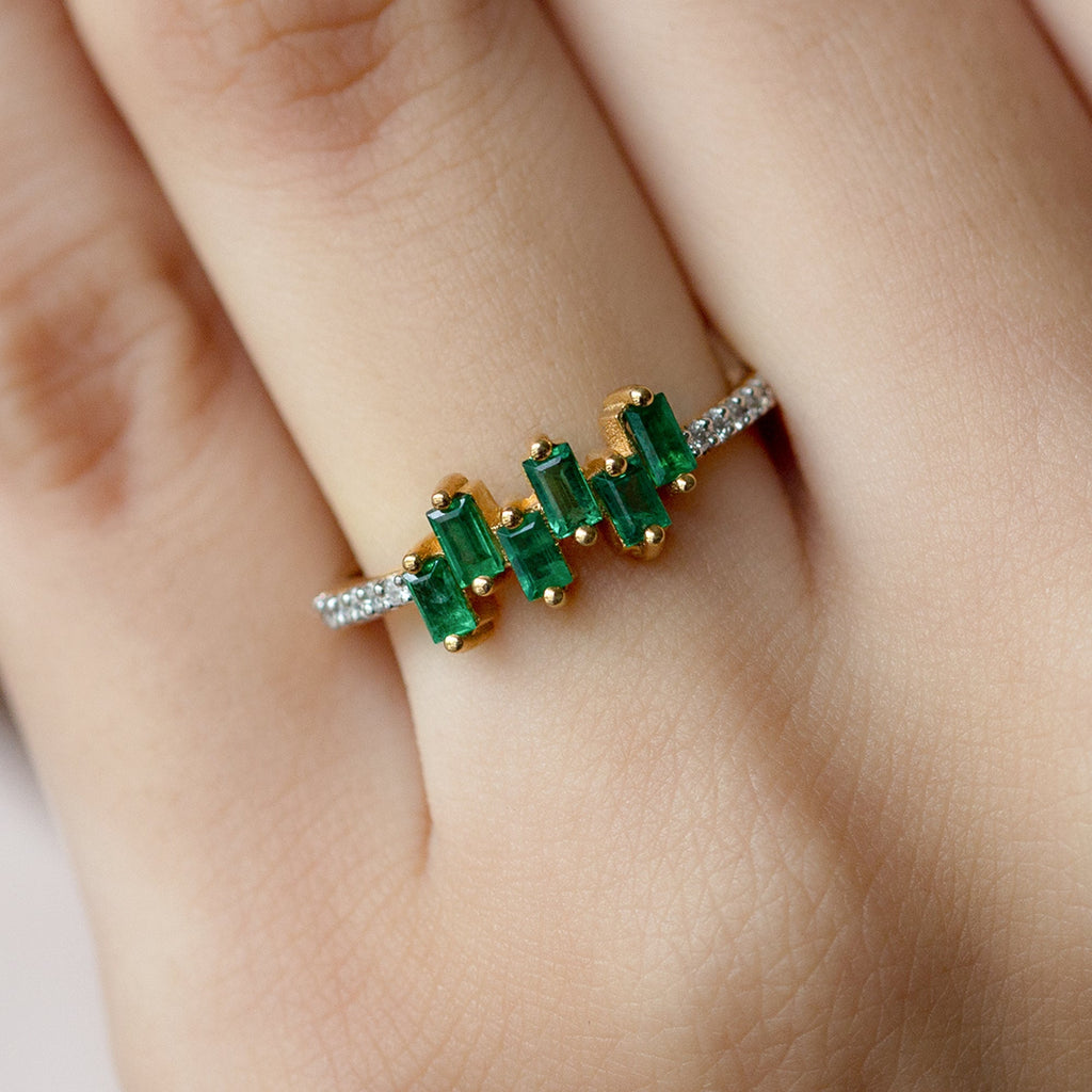 Emerald Promise Ring – Baguette Emerald Band with Diamond Side Stones | Rosec Jewels