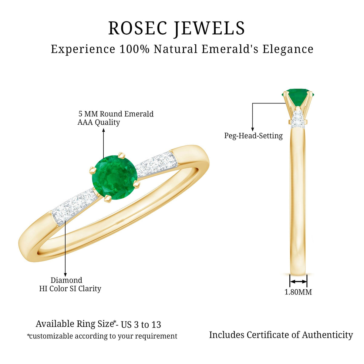 Emerald Promise Ring – Half Carat Round Cut Emerald With Diamonds | Rosec Jewels