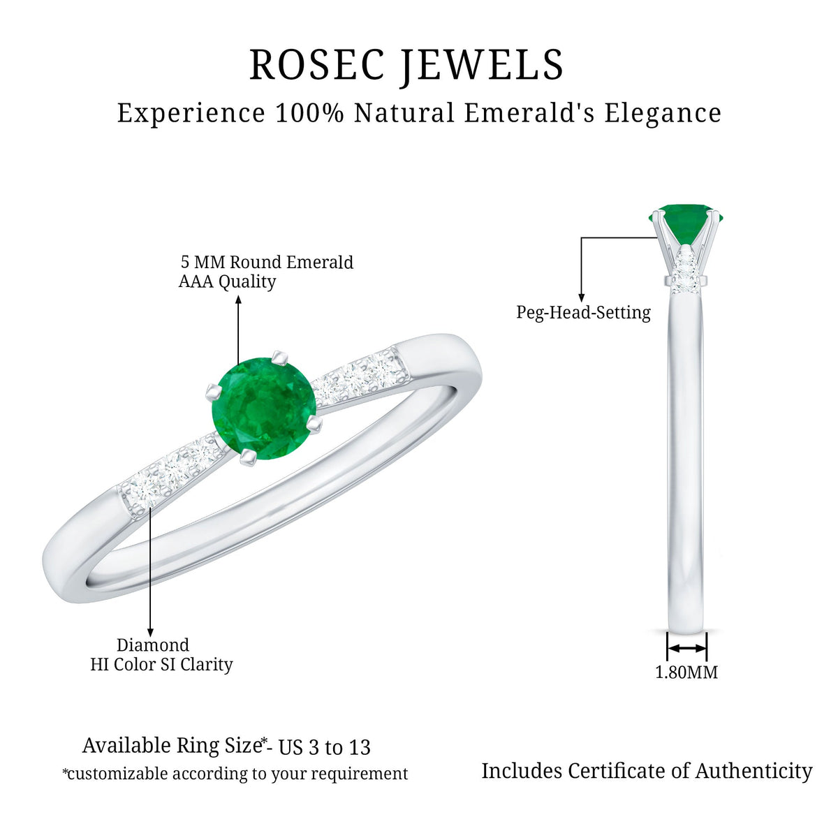 Emerald Promise Ring – Half Carat Round Cut Emerald With Diamonds | Rosec Jewels