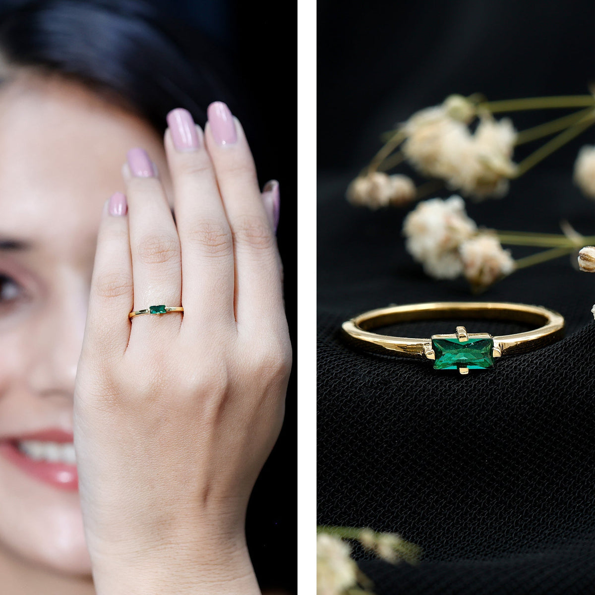 Emerald Promise Ring - Lab Created Emerald Solitaire Ring in East West Setting