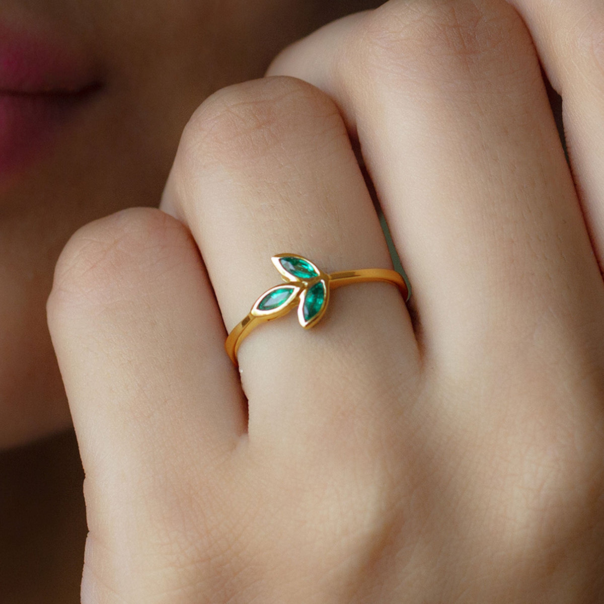 Emerald Promise Ring - Marquise Cut Three Stone Bezel Setting Leaf Design