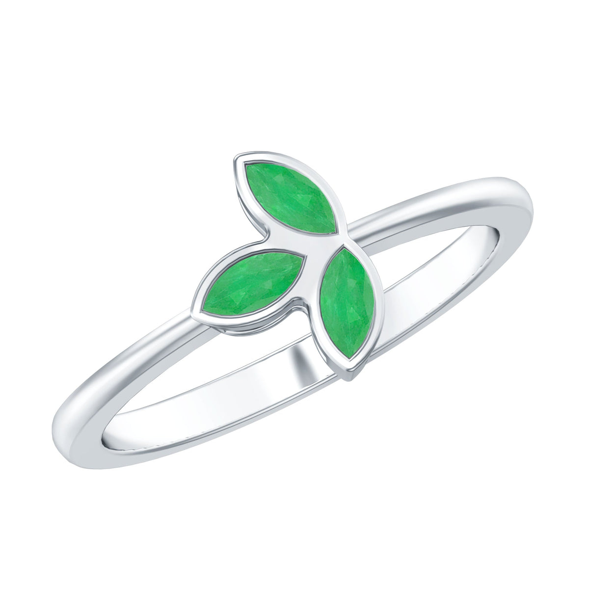 Emerald Promise Ring - Marquise Cut Three Stone Bezel Setting Leaf Design