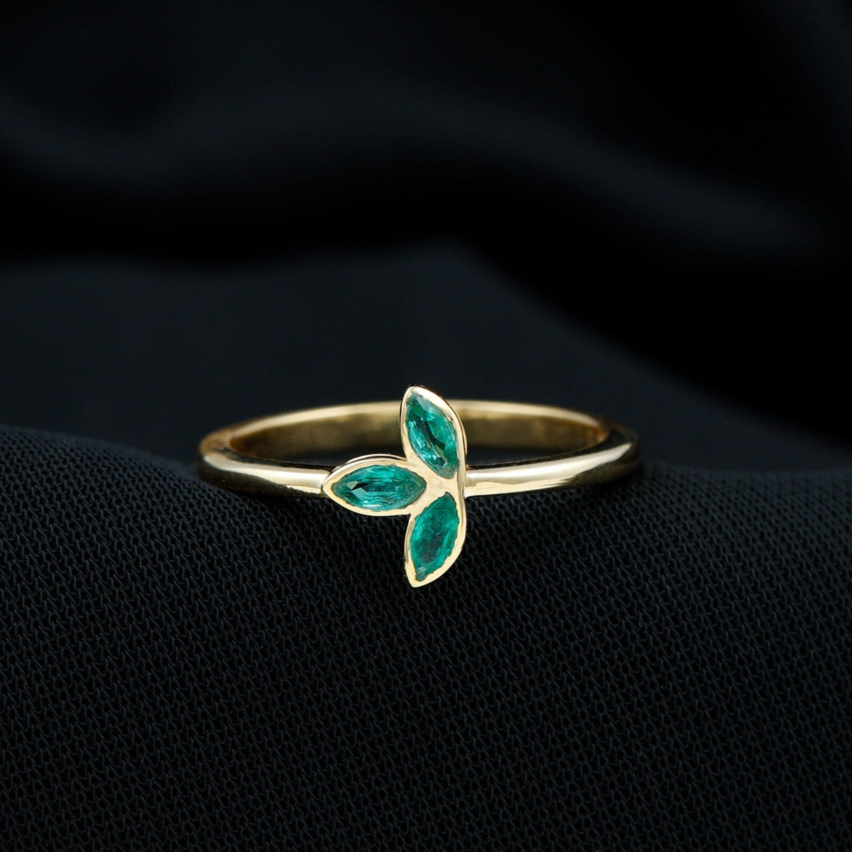 Emerald Promise Ring - Marquise Cut Three Stone Bezel Setting Leaf Design