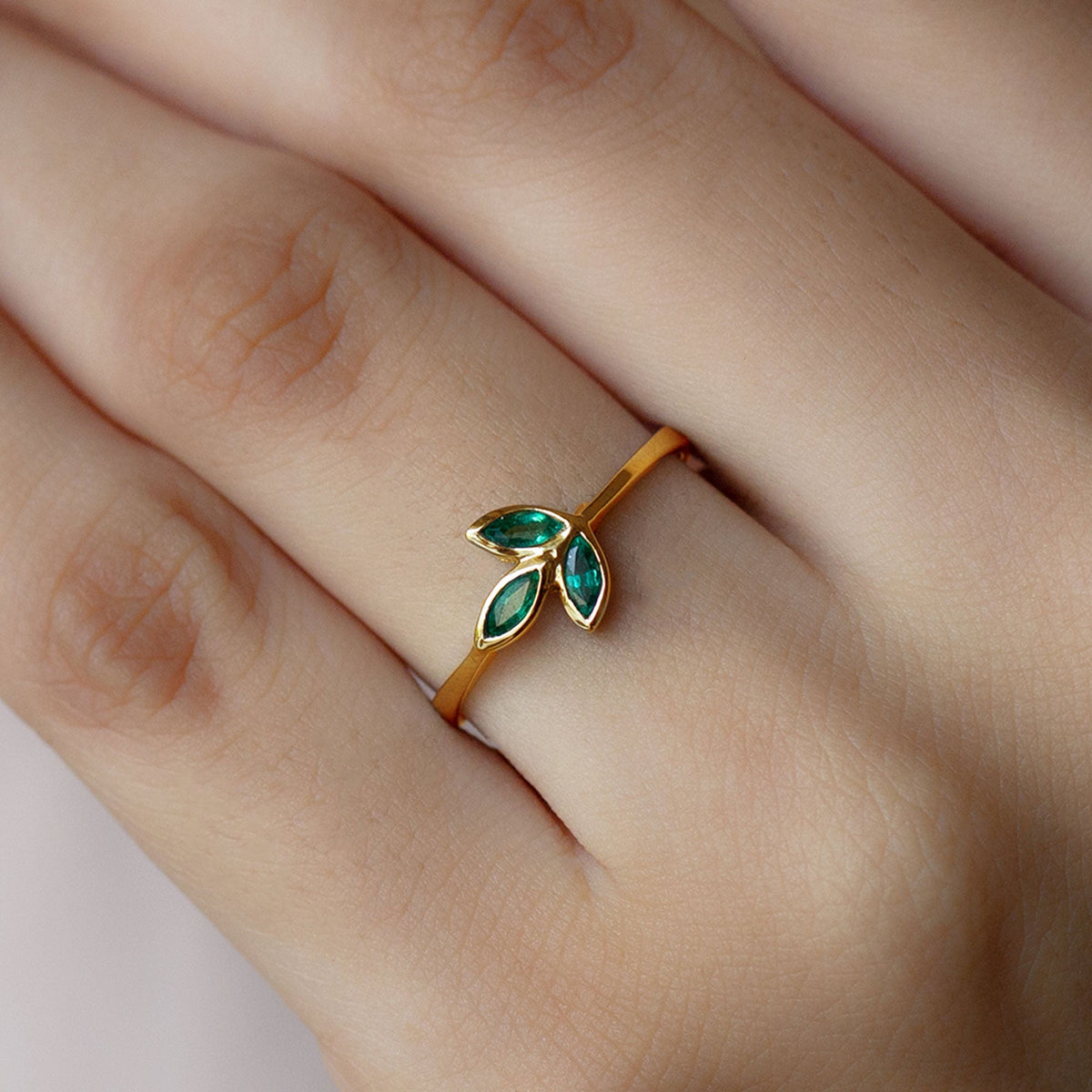 Emerald Promise Ring - Marquise Cut Three Stone Bezel Setting Leaf Design