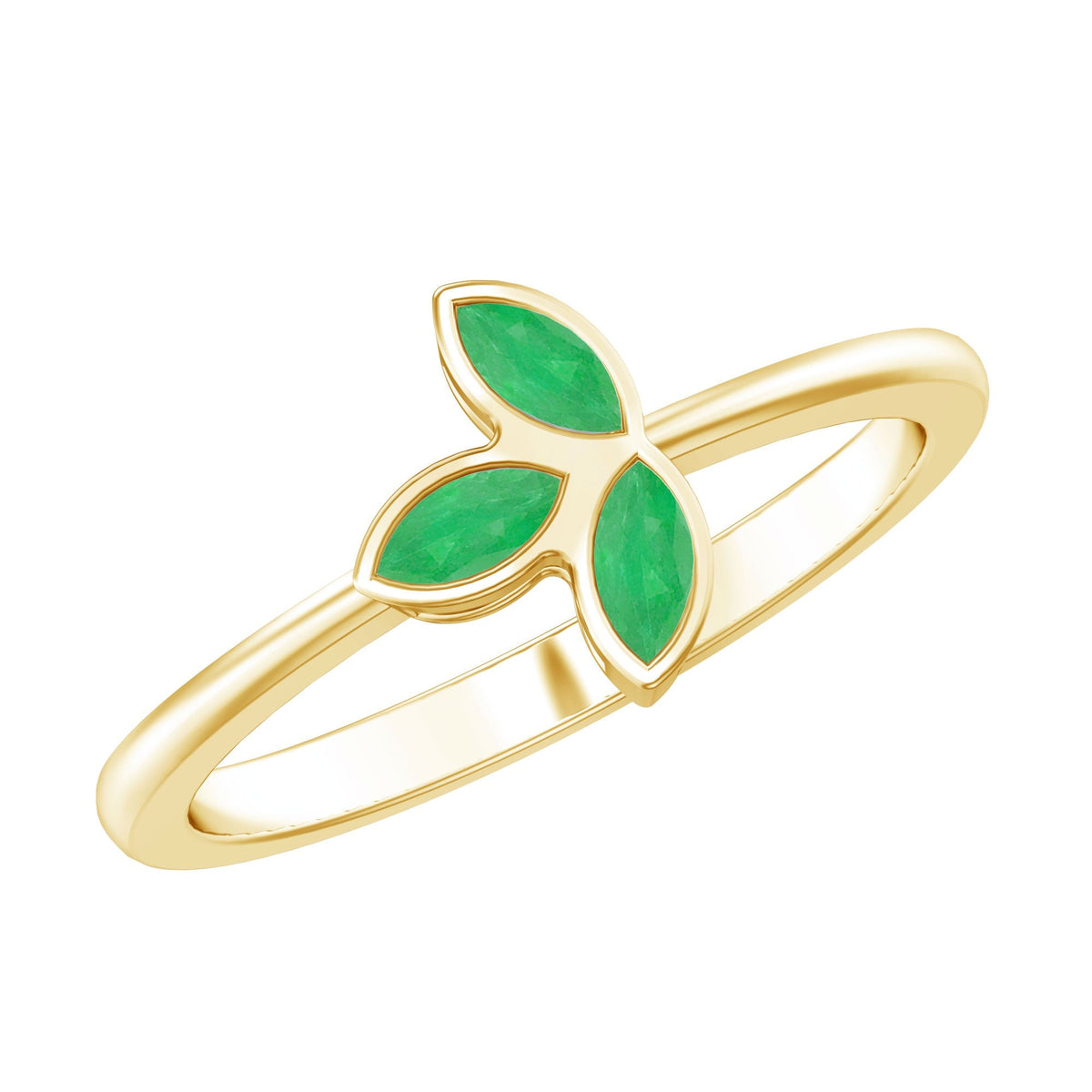 Emerald Promise Ring - Marquise Cut Three Stone Bezel Setting Leaf Design