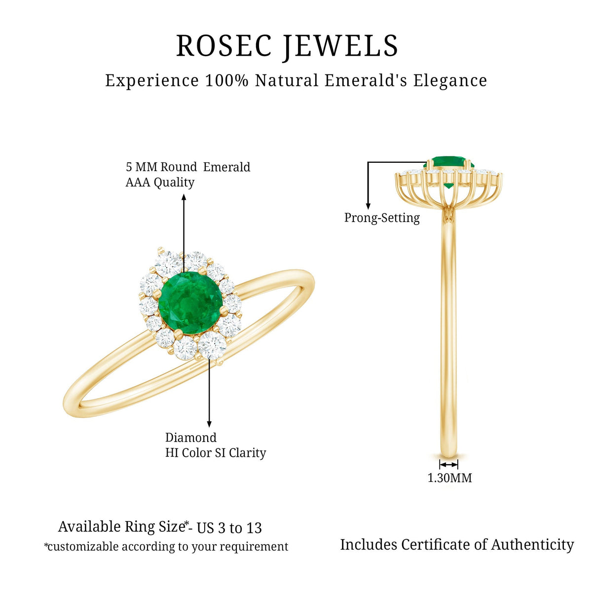 Emerald Promise Ring – Natural AAA Quality Green Gemstone with Diamond Halo Setting
