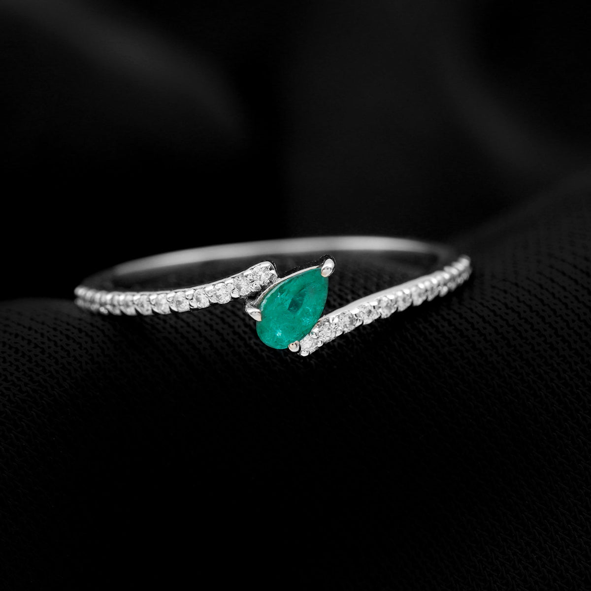 Emerald Promise Ring - Pear Shaped Diamond Bypass Ring With AAA Quality Emerald